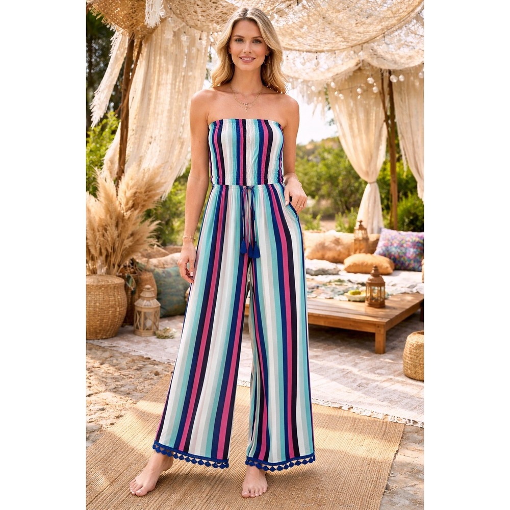 Lulus Jumpsuit Womens Medium Colorful Stripe Strapless Wide Leg Boho Summer
